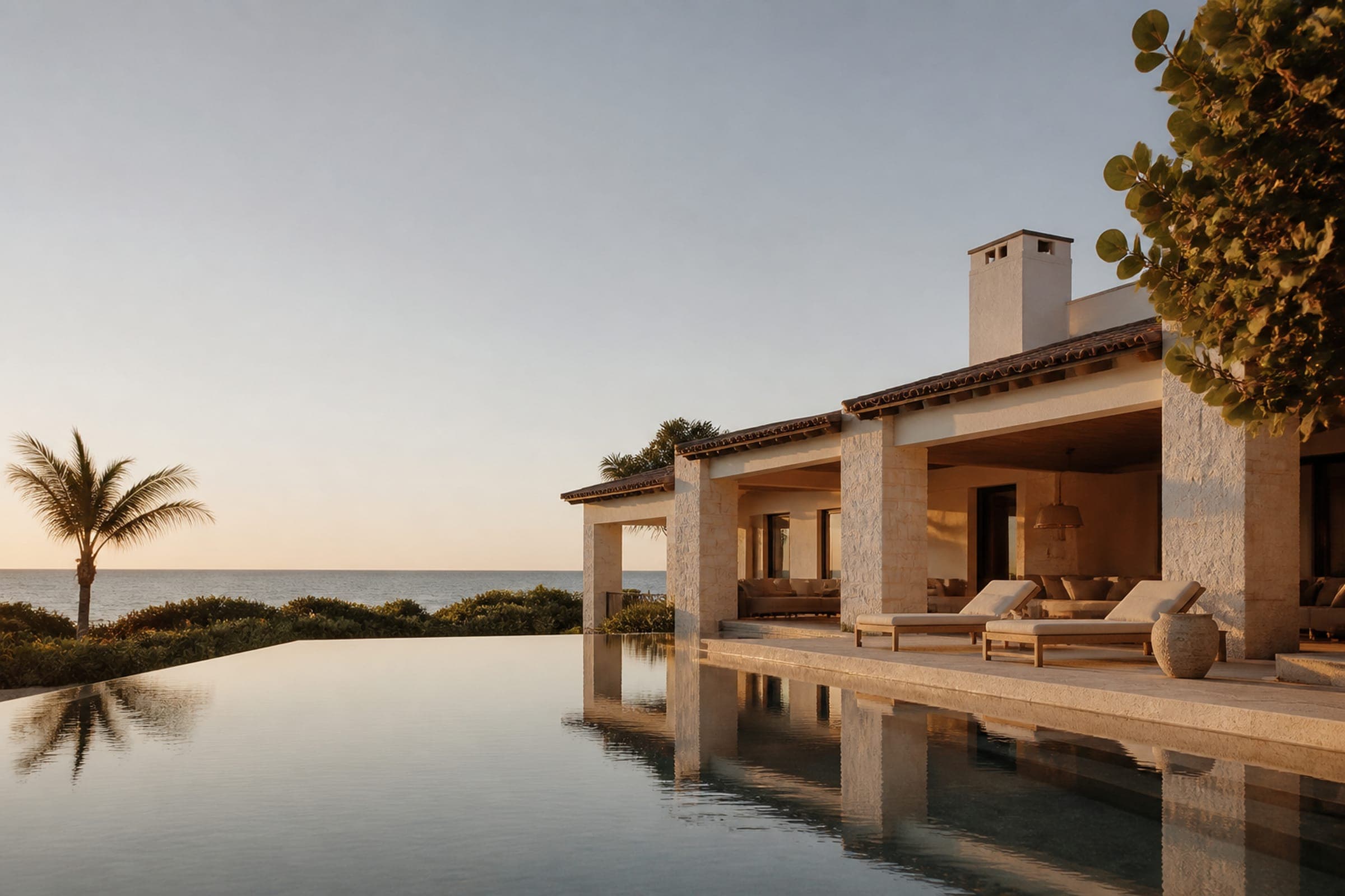 Waterfront Florida vacation residence at golden hour with an infinity pool