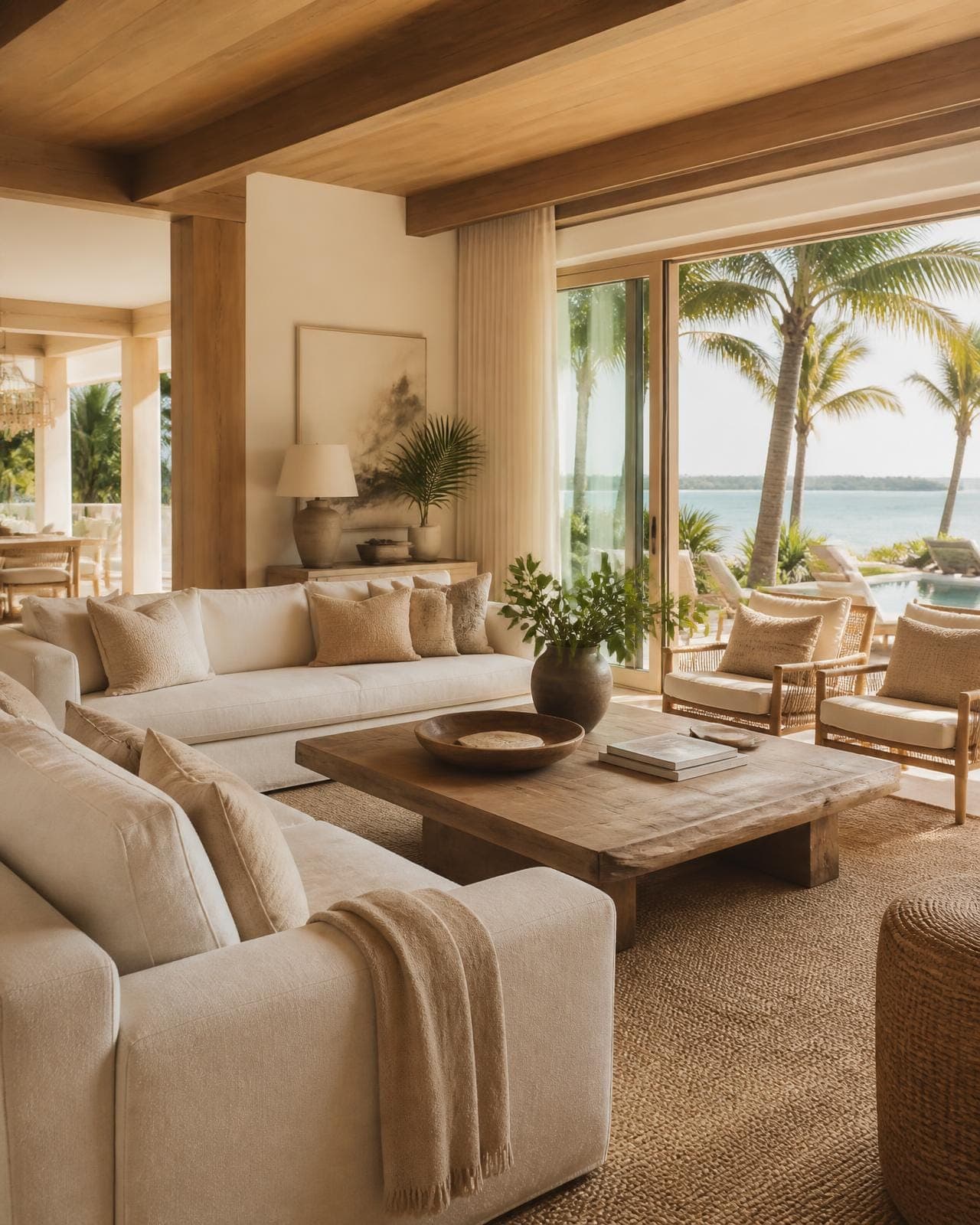 The same waterfront living room styled and photographed to the Off Grid presentation standard