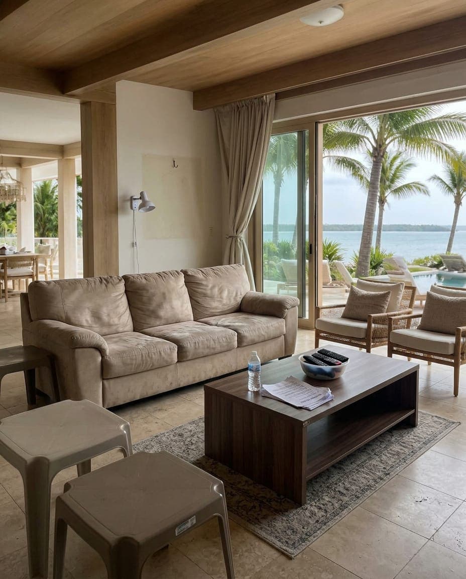 A waterfront living room furnished and photographed as an average vacation rental listing